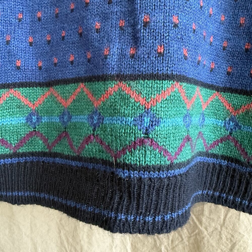 Vintage 80s Beldoch‎ Popper Women’s V-Neck Sweater Blue Green Geometric Size M - Picture 9 of 12